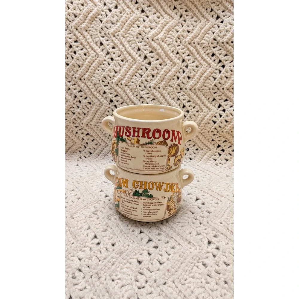 Vintage Recipe Soup Mugs Set of 2 Mushroom and Clam Chowder Ceramic Bowls Japan